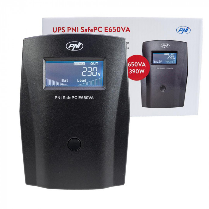 UPS PNI SafePC E650VA 390W 1.8A Iesire 2 x 230V Ecran LCD Acumulator 7.2A