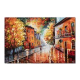 Tablou peisaj citadin pictat manual, O seara linistita prin orasul vechi, 150x100cm ulei pe panza in cutit efect 3D, gata de expus pe perete