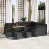 VidaXL Set de sofa de grădină cu 13 piese și perne, negru, din ratan poliesteric și lemn de acacia