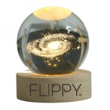 Lampa led decorativa, flippy, cu bila de cristal cu diametru 6cm, model galaxie 3d, alimentare usb, suport din lemn, lumina alb cald