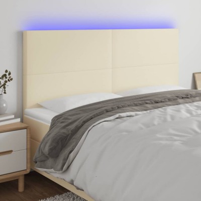 vidaXL Tăblie de pat cu LED, crem, 163x16x118/128 cm, piele ecologică foto