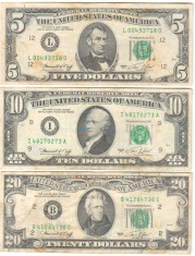 SV * SUA / Statele Unite ale Americii LOT 5 -10 -20 $ / FIVE -TEN -TWENTY DOLLARS 1974 * F / -VF