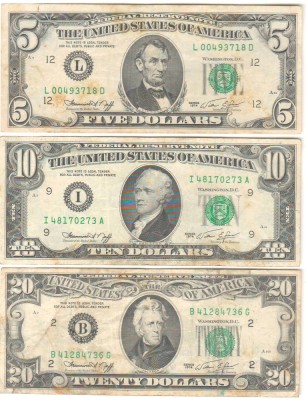 SV * SUA / Statele Unite ale Americii LOT 5 -10 -20 $ / FIVE -TEN -TWENTY DOLLARS 1974 * F / -VF foto