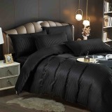 Lenjerie pat dublu cu 6 piese,damasc satinat,cearceaf cu elastic,dungi 1cm,neagra-A1400