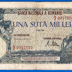 (13) BANCNOTA ROMANIA - 100.000 LEI 1946 (28 MAI 1946), FILIGRAN ORIZONTAL