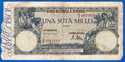 (13) BANCNOTA ROMANIA - 100.000 LEI 1946 (28 MAI 1946), FILIGRAN ORIZONTAL foto