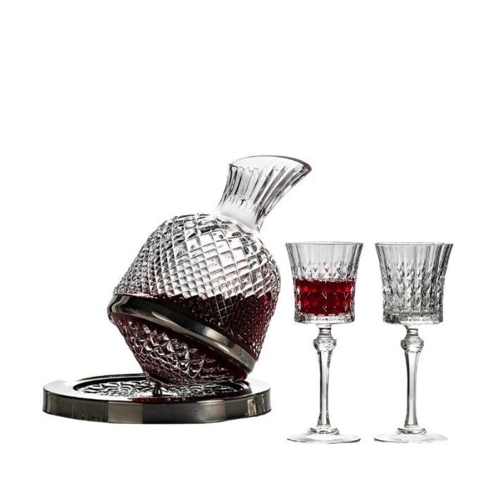 Set Decantor de vin Rotativ, ergonomic, imprimeu modern, accesorii incluse, 2 pahare, suport, argintiu, 1500 ml