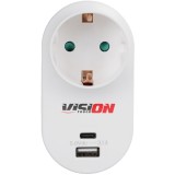 Adaptor priza Vision Touch V1WUSBM01A, Schuko, Protectie copii, Alb