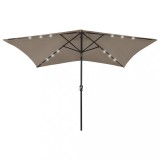 Umbrelă de soare cu st&acirc;lp din oțel &amp; LED-uri, gri taupe, 2x3 m, vidaXL