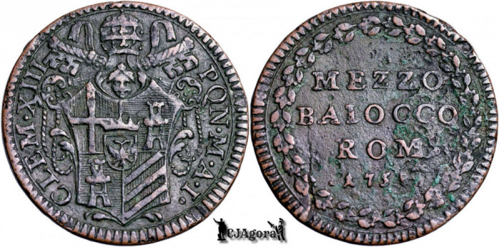 1758 I, &frac12; Baiocco - Clement al XIII-lea - Statele Papale | KM 1183.2