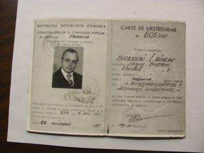 CY - Fotocopie &amp;quot;Carte de Mestesugar&amp;quot; / Nicolae BUZNERI Busteni / Cizmar 1987 foto