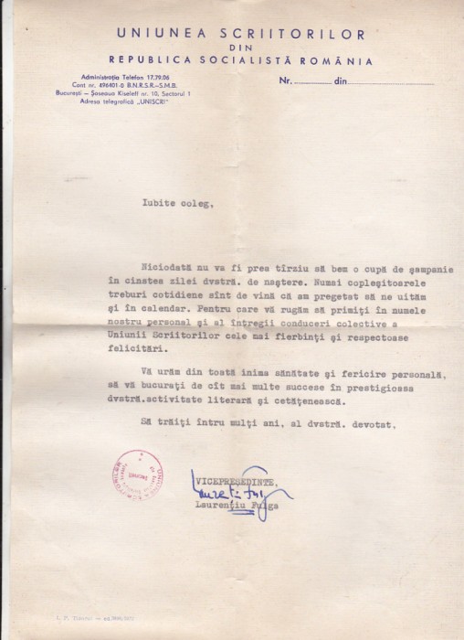 bnk div Felicitare Uniunea Scriitorilor din RSR - semnata Laurentiu Fulga