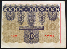 Bancnota ISTORICA 10 COROANE - AUSTRO-UNGARIA , anul 1922 *cod 491- EROARE TIPAR foto