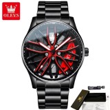 Ceas bărbătesc Olevs&trade; Quartz, model roată auto, cadran roșu, brățară din oțel, nou