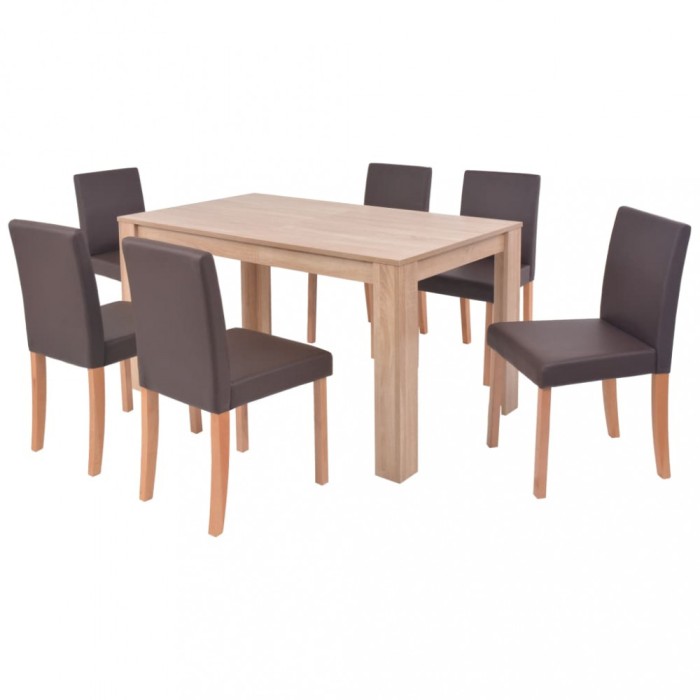 Masa si scaune 7 piese, piele artificiala, stejar, maro