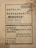 1941 Lot patru reclame CRAIOVA / Hotel MINERVA, Firma P. Andreescu si fii, Uzinele Comunale Craiova, Thoma Frasie engros, pe Ulise Boldescu nr 7