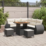 Set canapea gradina 8 piese cu perne negru ratan polimeric acacia, set dining gradina 3 piese cu perne negru ratan polimeric acacia