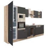 Mobilier de bucătărie Yorki 340, cu corp din stejar Sonoma, fațade antracit cu finisaj satinat, cu frigider cu congelator &icirc;n partea de jos, fără blat