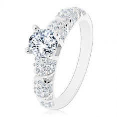 Inel de logodnă, argint 925, zirconiu mai mare rotund, transparent, brațe strălucitoare - Marime inel: 60