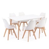 Set Sufragerie Leziter Silla 150 6+1, Alb - Masă MDF, Scaune Polipropilenă și PVC, Picioare Lemn Fag