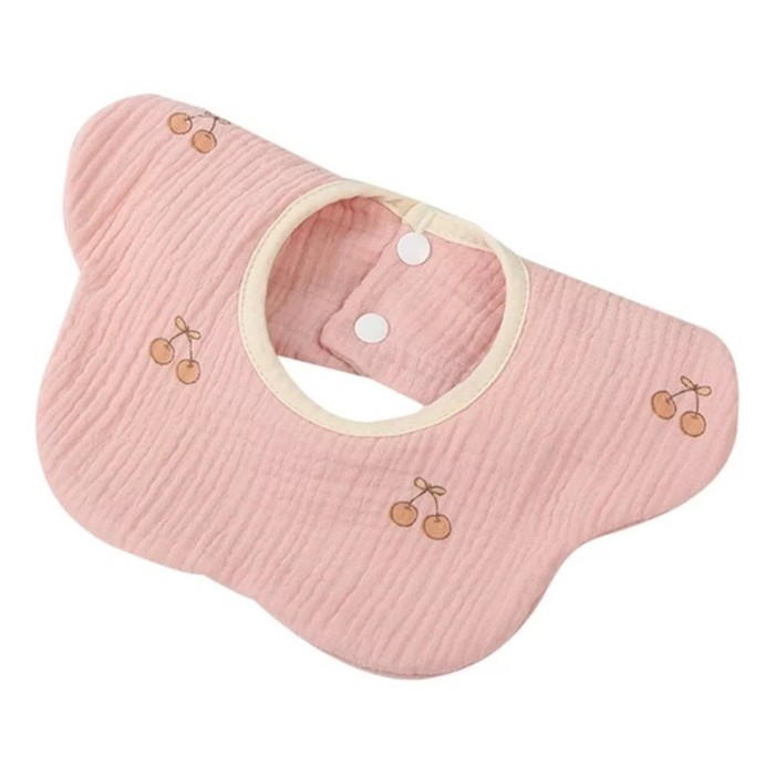 Baveta Tip Floare, Cyrax, din Bumbac, pentru Copii 0-12 Luni, Rezistenta la apa, cu Capse, Model cu Cirese, 26 x 29 cm, Roz
