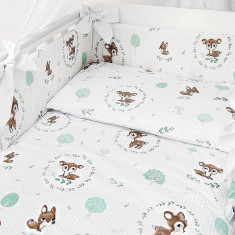 Lenjerie patut 3 piese cu protectie laterala pentru patut 120x60 cm Deer Green Wreaths