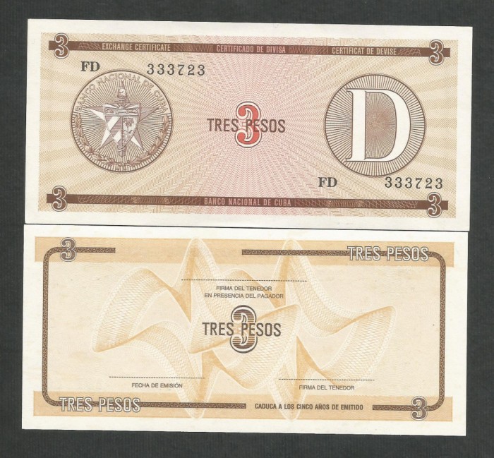 CUBA 3 PESOS 1985 UNC [1] Litera D , P- FX 33 , necirculata