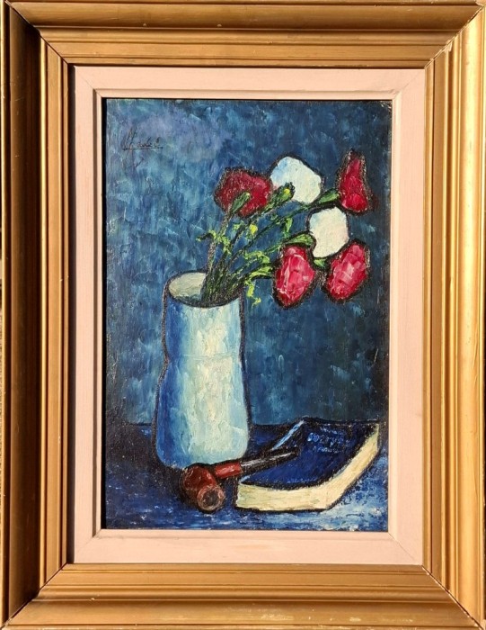 Aurel Nedel (1930-2014)-Natură statică cu pipă şi flori, pictură licitată