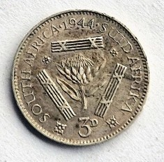 Africa de Sud 3 Pence 1944 km # 26 moneda argint AG .800 George VI tiraj mic