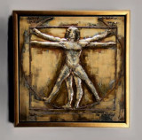 Tablou pictat manual Vitruvian Man modelaj lut placat cu foita aur 100x100, Abstract, Ulei