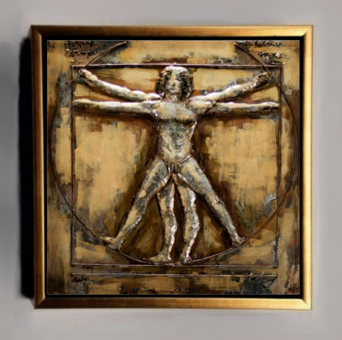 Tablou pictat manual Vitruvian Man modelaj lut placat cu foita aur 100x100