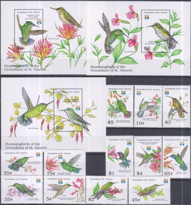 Timbre cu păsări colibri din Grenadines of St. Vincent