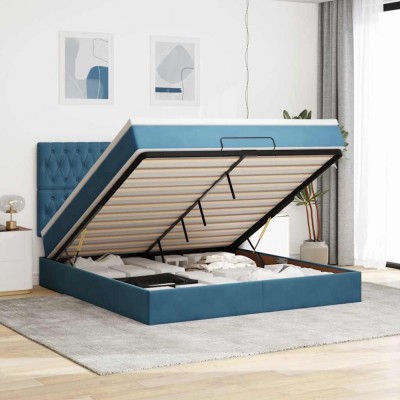 vidaXL Cadru pat otoman cu saltele Albastru &amp;icirc;nchis 160x200cm catifea 3314406 foto