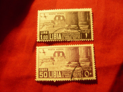 2 Timbre Libia colonie Italiana 1937 - Targ Tripoli : 50C si 1 lira stampilate foto