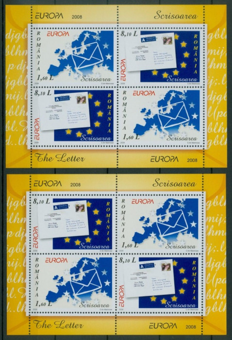 ROMANIA 2008 EUROPA CEPT , SCRISOARE MODEL 1 SI 2 - 2 BLOCURI DE 4