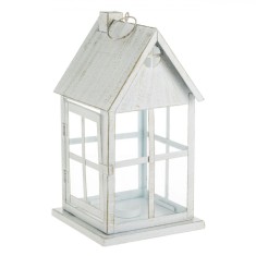 Felinar Decorativ, Model Casă, Metalic, Culoare Alb Auriu Brushed, Dimensiuni 16x16x30cm