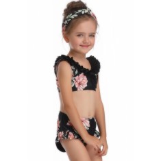 Costum de baie pentru fetite format din 2 piese, bustiera si slip modern, set tankini ideal pentru plaja sau inot, negru cu roz si imprimeu floral, ma