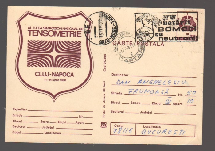 CPIB 24093 CARTE POSTALA - CLUJ-NAPOCA. AL II-lea SIMPOZION NATIONAL DE TENSOMETRI, CIRCULATA. 1980
