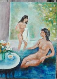 Tablou fete la baie semnat Cimpoesu., Nud, Ulei, Realism