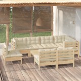 Cumpara ieftin Set mobilier grădină cu perne crem, 9 piese, lemn masiv de pin