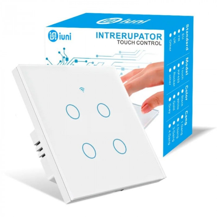 Intrerupator smart touch, WiFi, Sticla securizata, iUni 4G, 10A, Control vocal, Smart Life / Tuya, LED