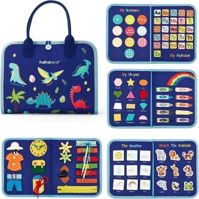 Carte senzoriala educativa montessori, flippy, dezvoltare abilitati motorii, 5 pagini, model dinozauri, 28x22x7 cm, albastru foto