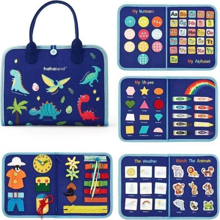 Carte senzoriala educativa montessori, flippy, dezvoltare abilitati motorii, 5 pagini, model dinozauri, 28x22x7 cm, albastru