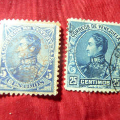 2 Timbre Venezuela 1882 si 1899- Simon Bolivar , 5 si 25c stampilate