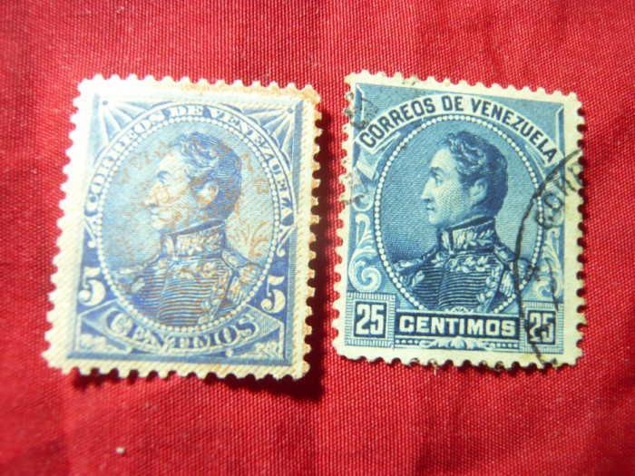 2 Timbre Venezuela 1882 si 1899- Simon Bolivar , 5 si 25c stampilate