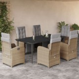 Cumpara ieftin Set de masă pentru grădină, 7 piese, cu perne, bej, poliratan