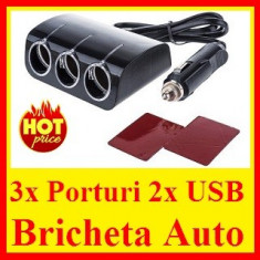 Priza Auto Cu Bricheta Olesson USB, 3 Iesiri Adaptor Incarcator foto
