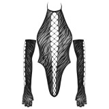 Neglijeuri - Cottelli Fantezie Body din Plasa cu Aspect de Dungi de Tigru si Manusi Lungi Small-Large
