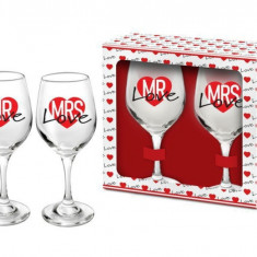 Set 2 pahare vin Mrs + Mr Love, Bg-Tech, 220 ml, sticla