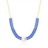 Colier din aur galben de 9K &ndash; perlă albă de cultură, pietre albastre